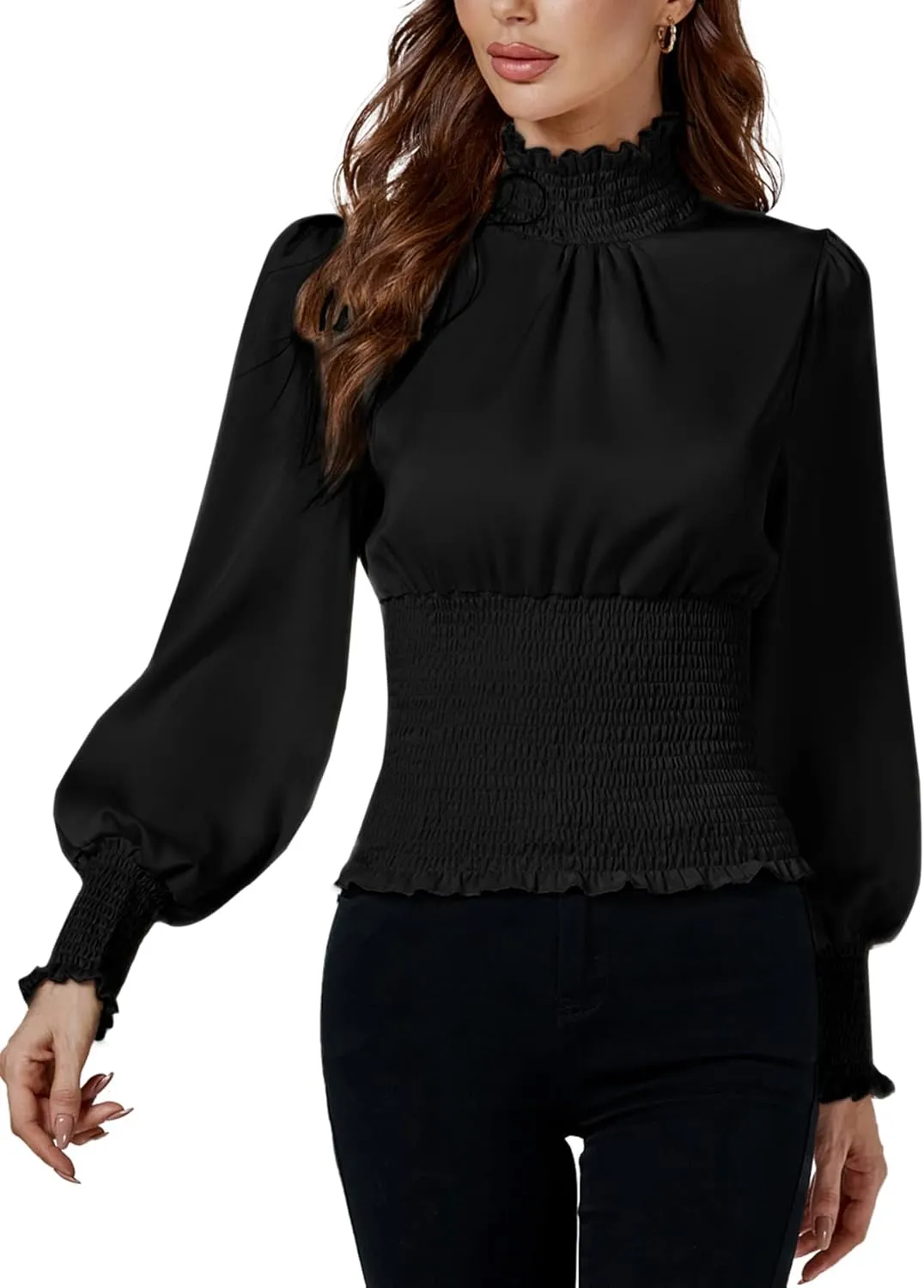 LYANER Women's Shirred Frill Mock Neck Smocked Puff Long Sleeve Blouse Top