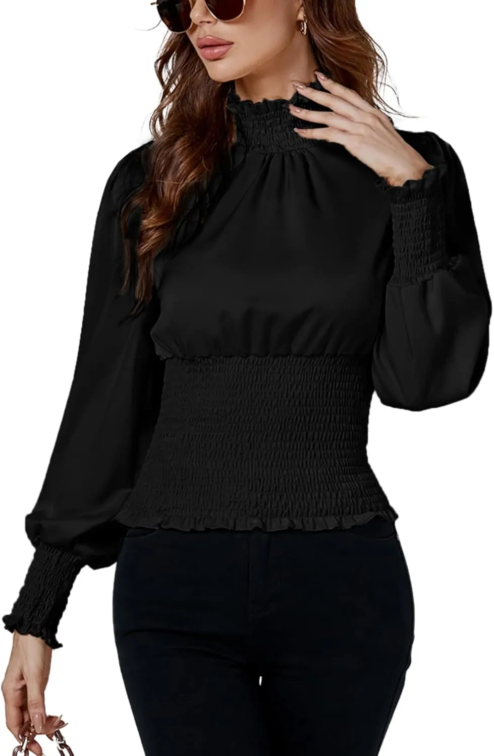 LYANER Women's Shirred Frill Mock Neck Smocked Puff Long Sleeve Blouse Top