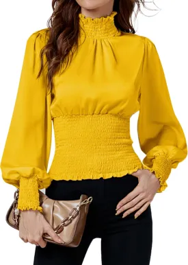LYANER Women's Shirred Frill Mock Neck Smocked Puff Long Sleeve Blouse Top