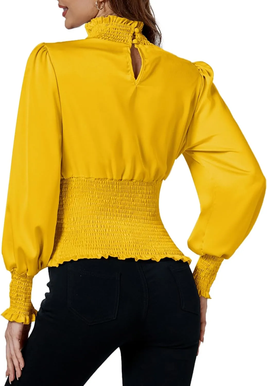 LYANER Women's Shirred Frill Mock Neck Smocked Puff Long Sleeve Blouse Top