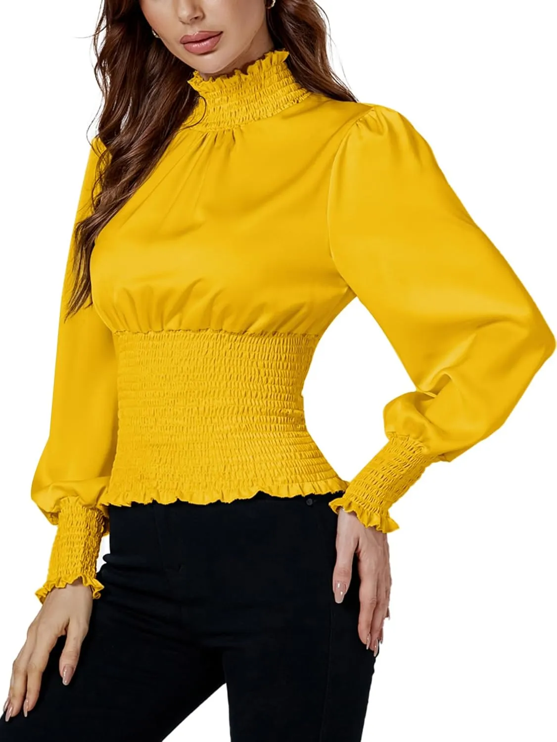 LYANER Women's Shirred Frill Mock Neck Smocked Puff Long Sleeve Blouse Top