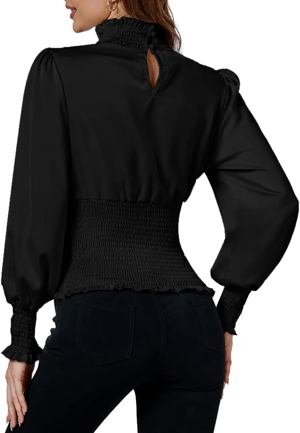 LYANER Women's Shirred Frill Mock Neck Smocked Puff Long Sleeve Blouse Top