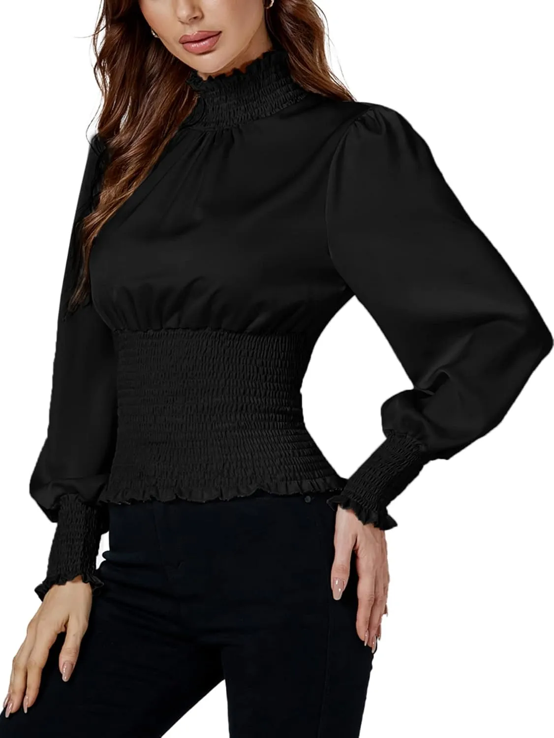 LYANER Women's Shirred Frill Mock Neck Smocked Puff Long Sleeve Blouse Top