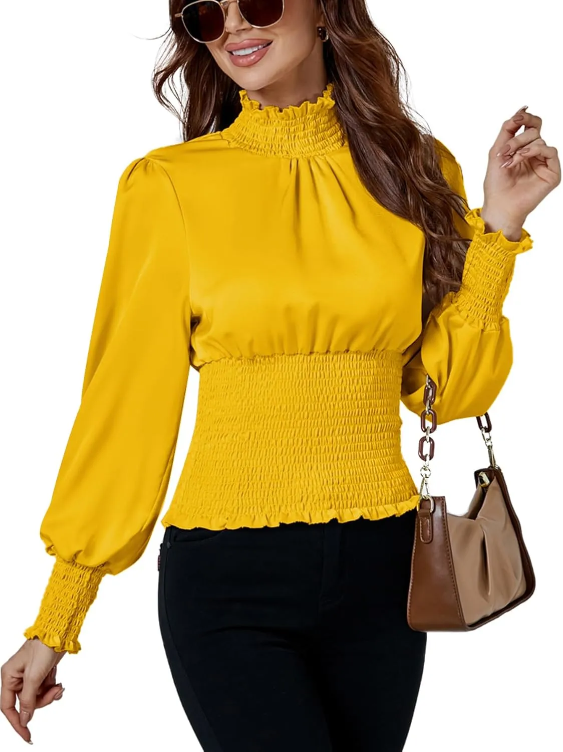 LYANER Women's Shirred Frill Mock Neck Smocked Puff Long Sleeve Blouse Top