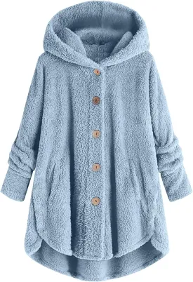 maisdgop Fleece Jacket Women Long Sleeve Sherpa Hooded Coats Winter Fall Warm Fuzzy Jackets Plus Size Button Plush Outerwear