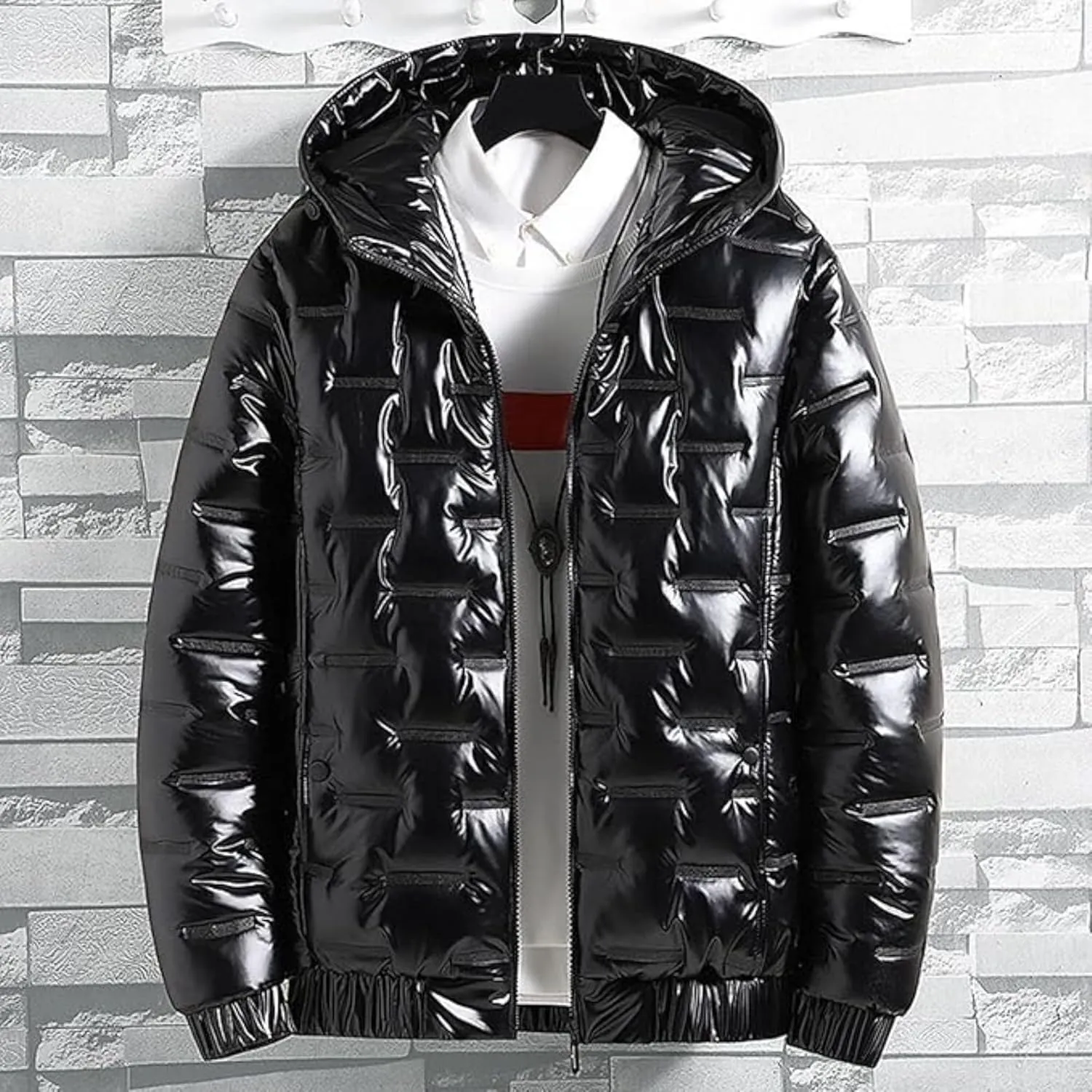 Maiyifu-GJ Men's Metallic Hooded Puffer Jacket Winter Warm Down Jackets Full Zip Alternative Quilted Padded Coat