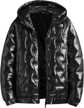Maiyifu-GJ Men's Metallic Hooded Puffer Jacket Winter Warm Down Jackets Full Zip Alternative Quilted Padded Coat