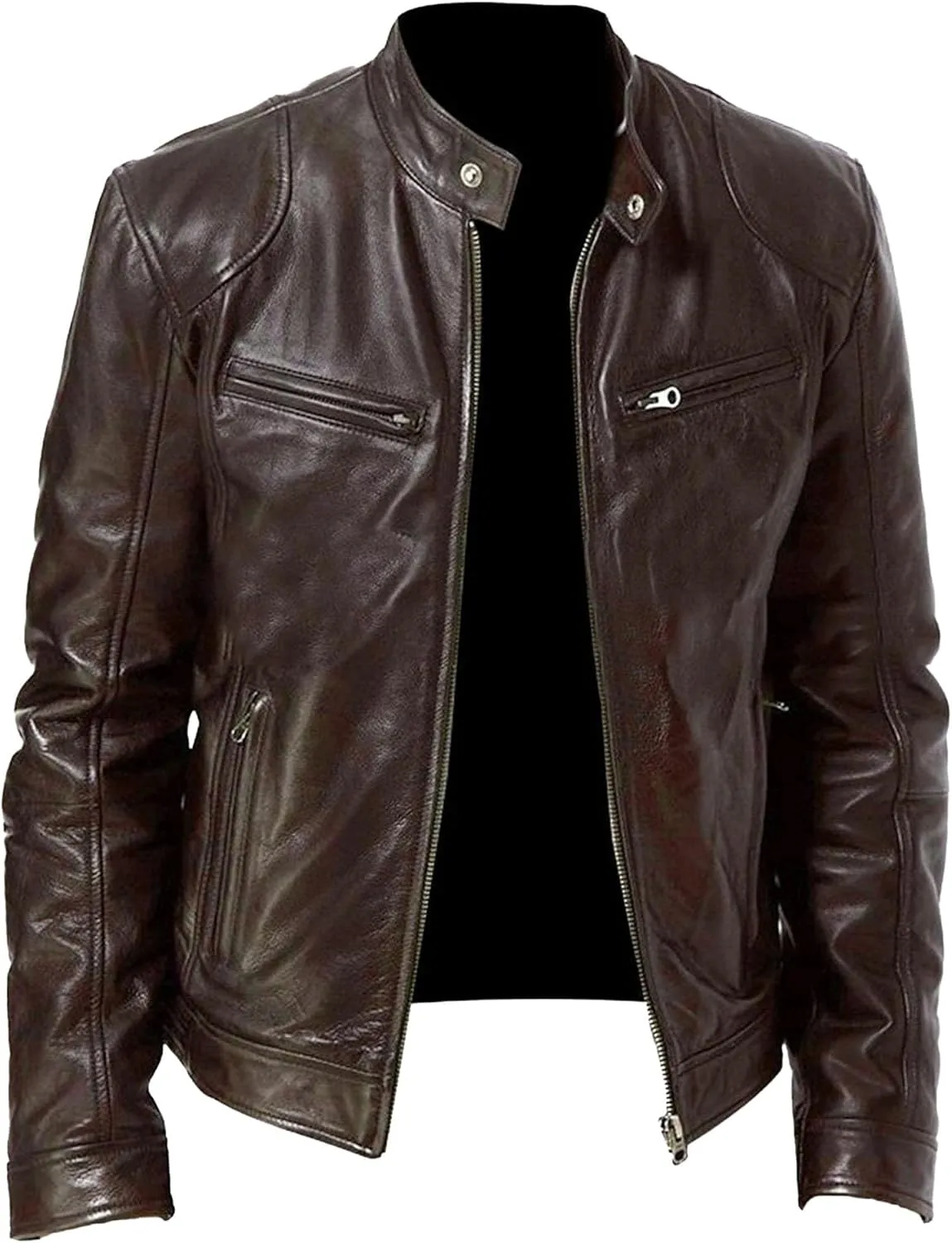 Men's Casual Leather Jacket Motorcycle Lightweight PU Outwear Stand Collar Bomber Leather Jacket