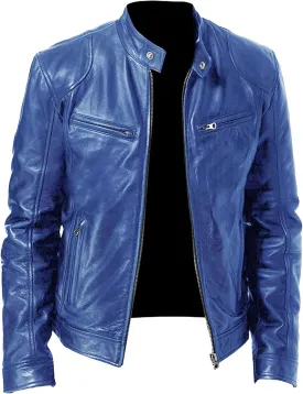 Men's Casual Leather Jacket Motorcycle Lightweight PU Outwear Stand Collar Bomber Leather Jacket