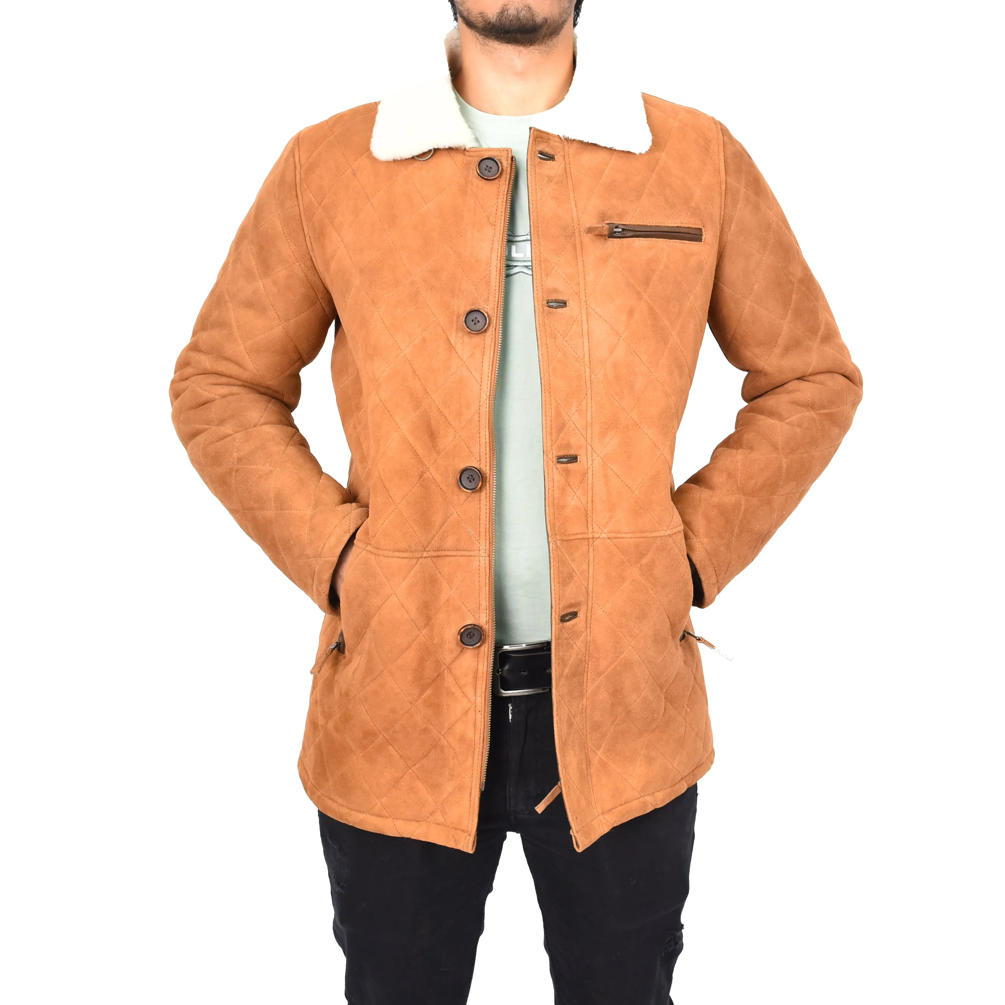 Men's Luxurious Real Sheepskin Jacket Shearling Fur Tan Osvald