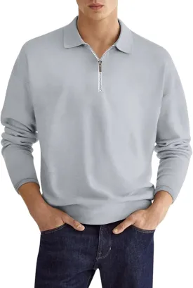 Men's Quarter Zip Long Sleeve Sport Polo Shirt Casual Zipper Collar Golf Sweaters Business Slim Fit Sweatershirt