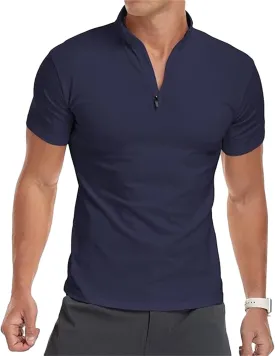 Mens Short Sleeve Polo Shirts Quarter-Zip Casual Slim Fit Mock Neck Athletic T-Shirt Zipper Henley Shirts for Men