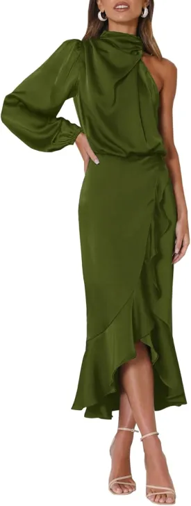 MITILLY Women's Satin Formal One-Shoulder Mock Neck Long Sleeve Bodycon Wrap Mermaid Hem Cocktail Party Maxi Dress New