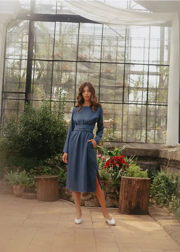 Navy Blue Belted Wrap Dress For Women, Evening Dress