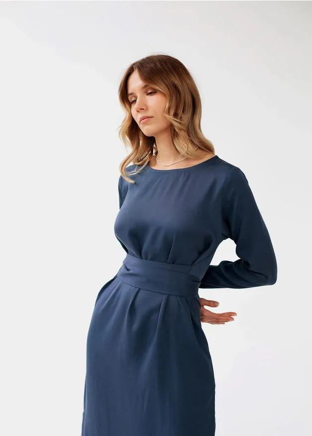 Navy Blue Belted Wrap Dress For Women, Evening Dress