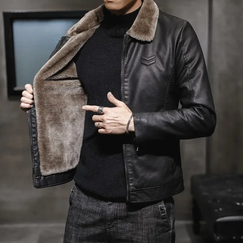 New High End Men Leather Jacket  Flip Collar with Thick Velvet Trendy Fur