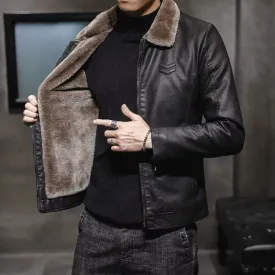 New High End Men Leather Jacket  Flip Collar with Thick Velvet Trendy Fur
