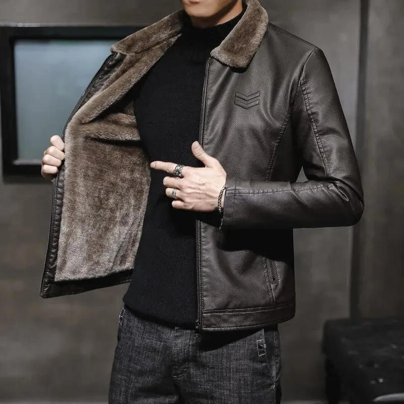 New High End Men Leather Jacket  Flip Collar with Thick Velvet Trendy Fur