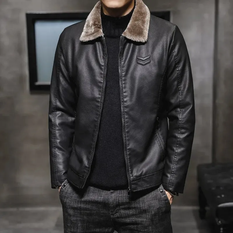 New High End Men Leather Jacket  Flip Collar with Thick Velvet Trendy Fur