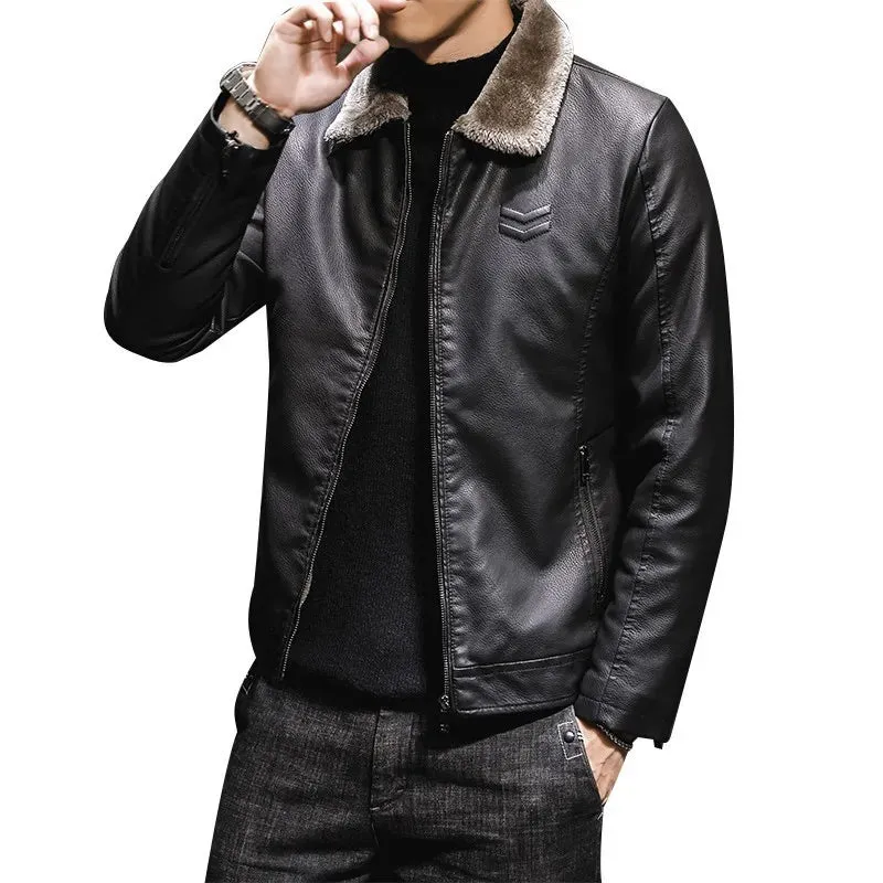 New High End Men Leather Jacket  Flip Collar with Thick Velvet Trendy Fur