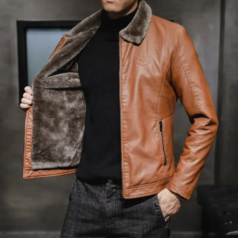 New High End Men Leather Jacket  Flip Collar with Thick Velvet Trendy Fur