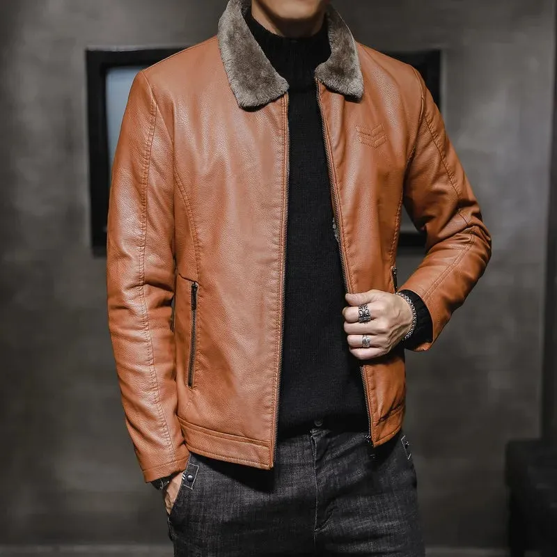 New High End Men Leather Jacket  Flip Collar with Thick Velvet Trendy Fur