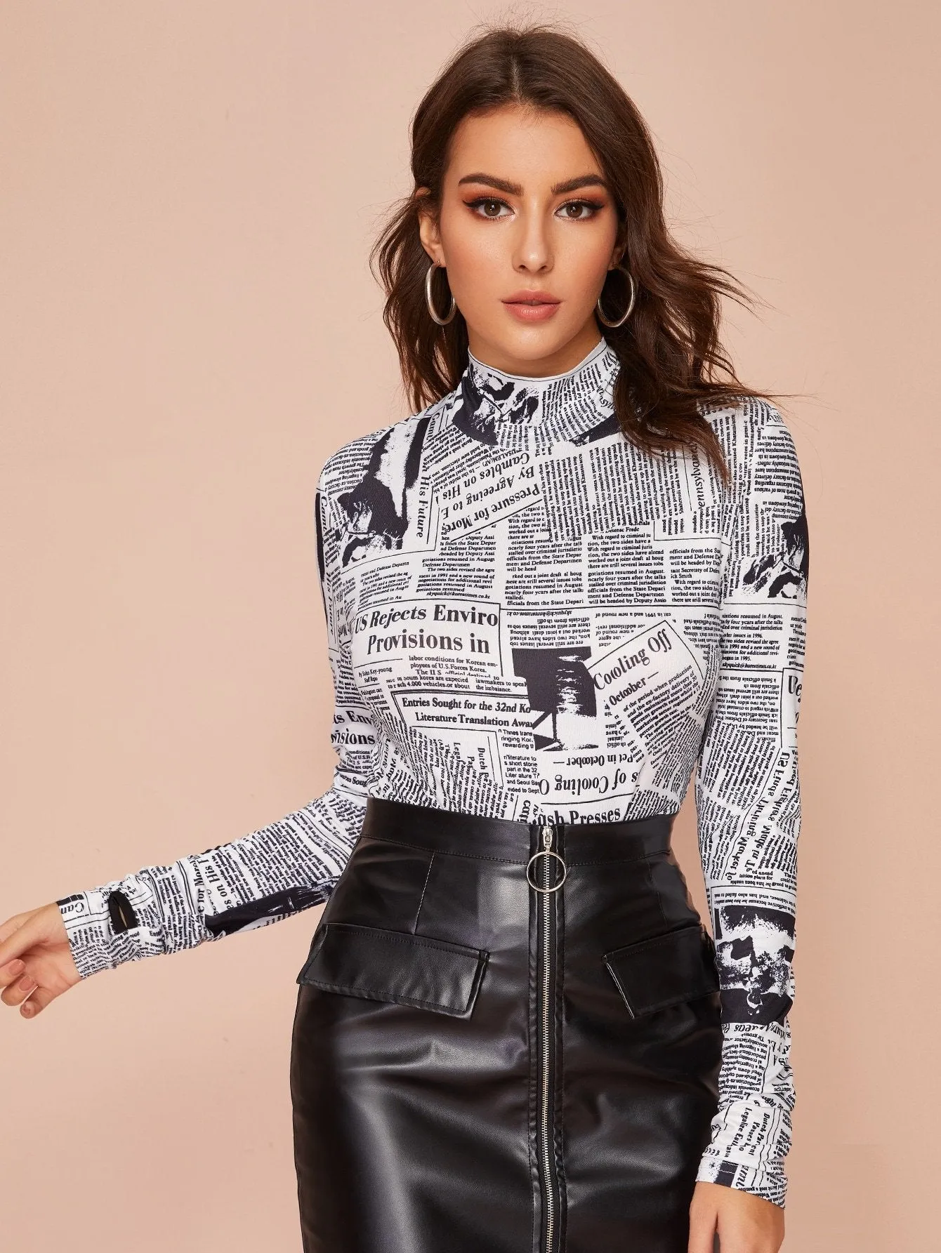 Newspaper Print Mock Neck Tee