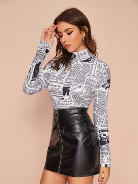 Newspaper Print Mock Neck Tee