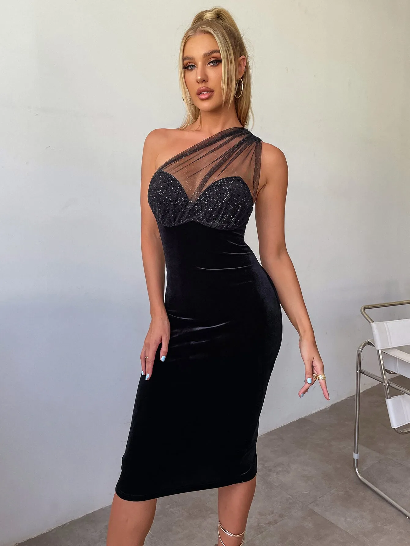 One Shoulder Asymmetrical Ruched Modern Wrap Satin Bodycon Dress