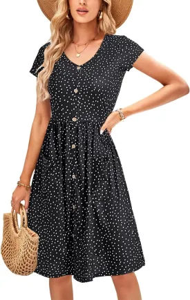 OUGES Women's V Neck Button Down Skater Dress with Pockets