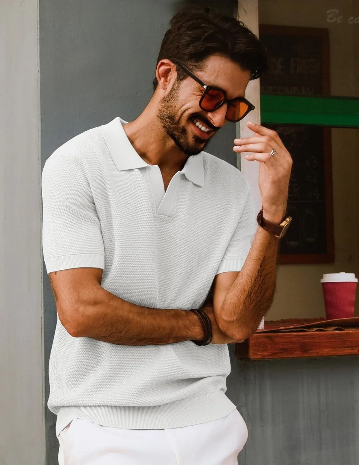 PJ PAUL JONES Mens Polo Shirts Short Sleeve V Neck Knit Textured Polo Knitted Golf Shirt