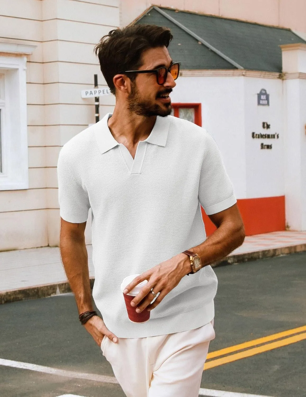 PJ PAUL JONES Mens Polo Shirts Short Sleeve V Neck Knit Textured Polo Knitted Golf Shirt