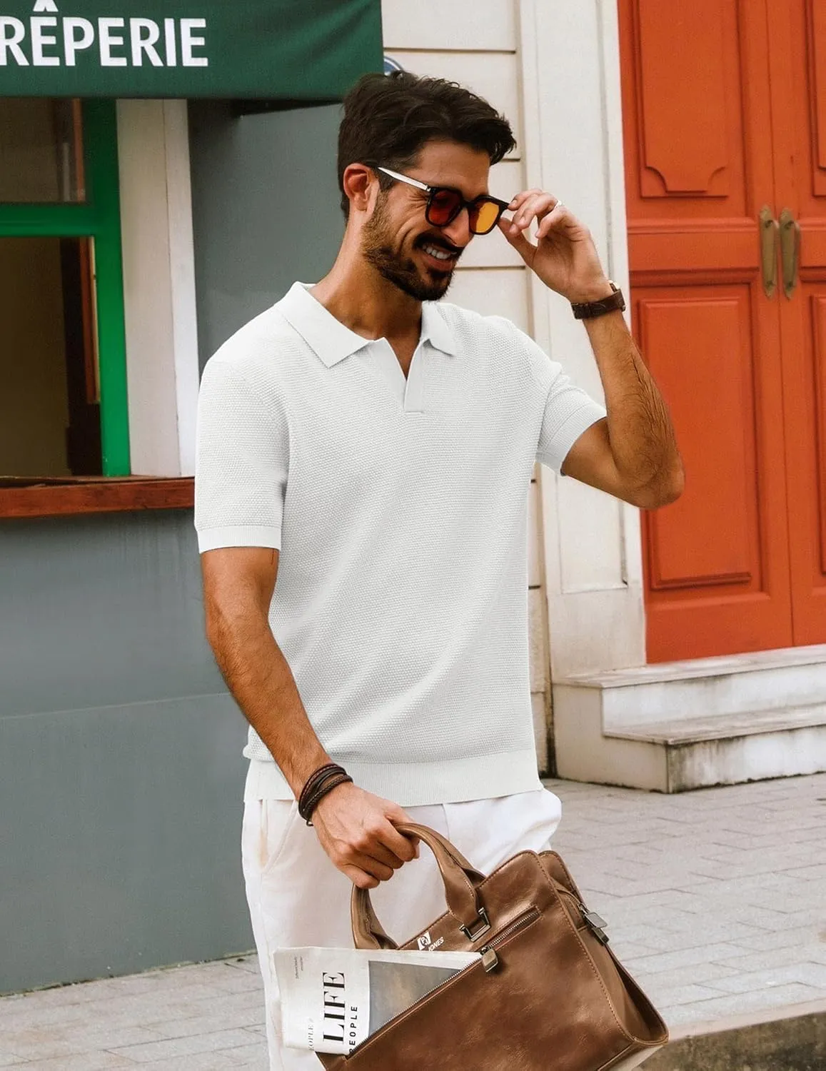 PJ PAUL JONES Mens Polo Shirts Short Sleeve V Neck Knit Textured Polo Knitted Golf Shirt