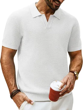 PJ PAUL JONES Mens Polo Shirts Short Sleeve V Neck Knit Textured Polo Knitted Golf Shirt