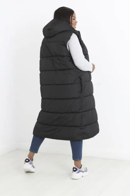 PLUS SIZE BLACK LONGLINE PADDED PUFFER GILET