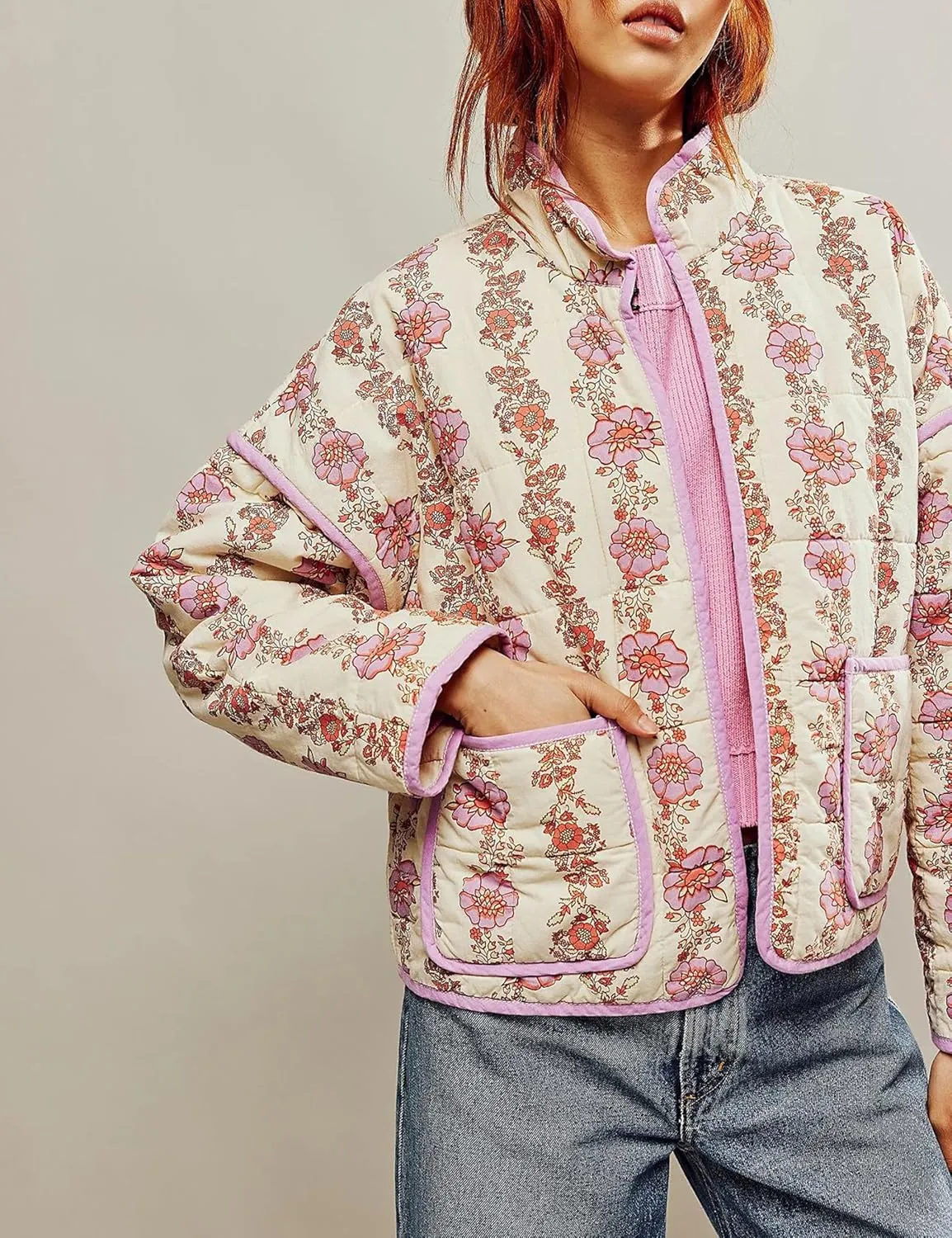 Quilted Jacket for Women Cropped Lightweight Cardigan Floral Print Quilted Puffy Jackets Long Sleeve with Pocket