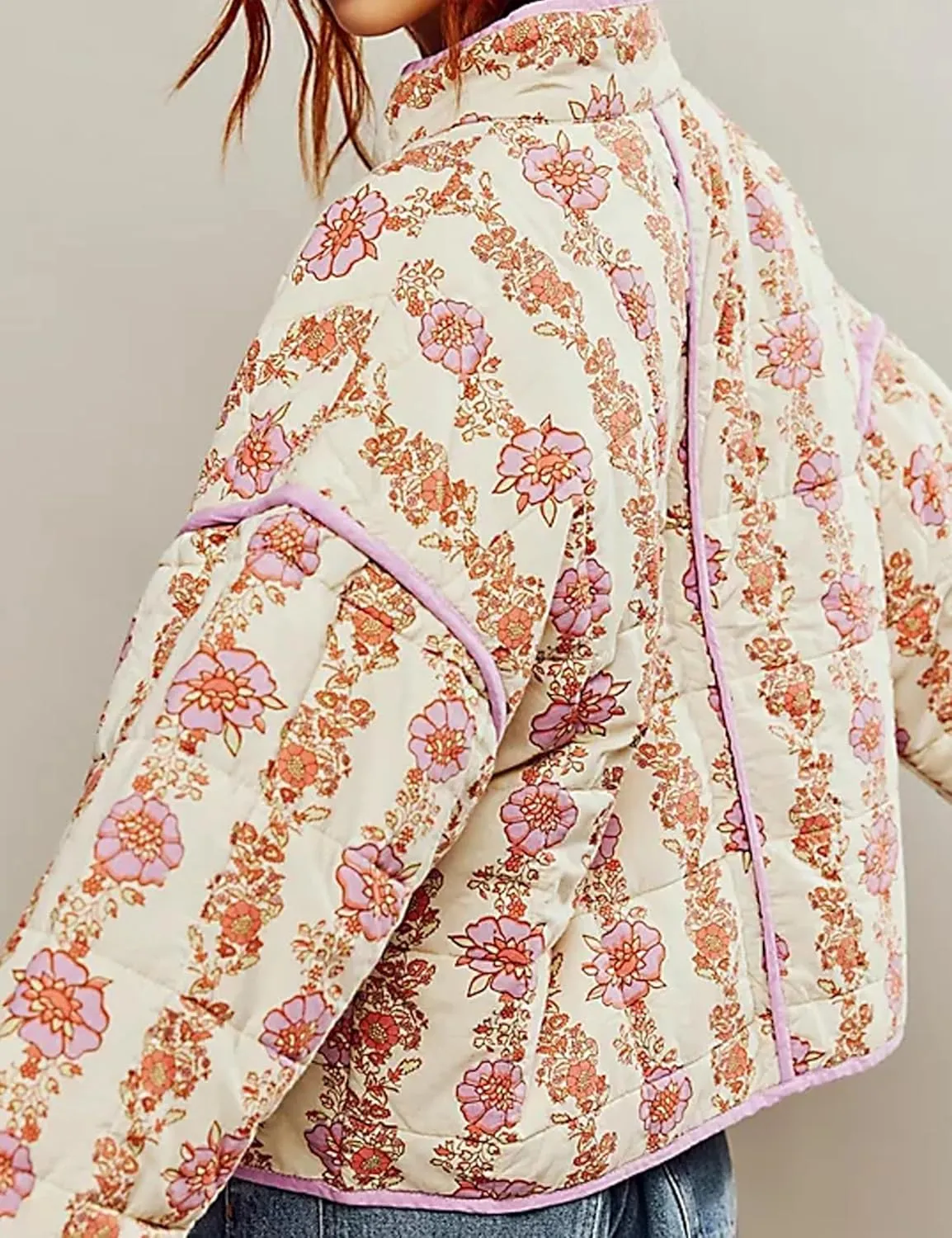 Quilted Jacket for Women Cropped Lightweight Cardigan Floral Print Quilted Puffy Jackets Long Sleeve with Pocket