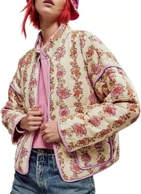 Quilted Jacket for Women Cropped Lightweight Cardigan Floral Print Quilted Puffy Jackets Long Sleeve with Pocket