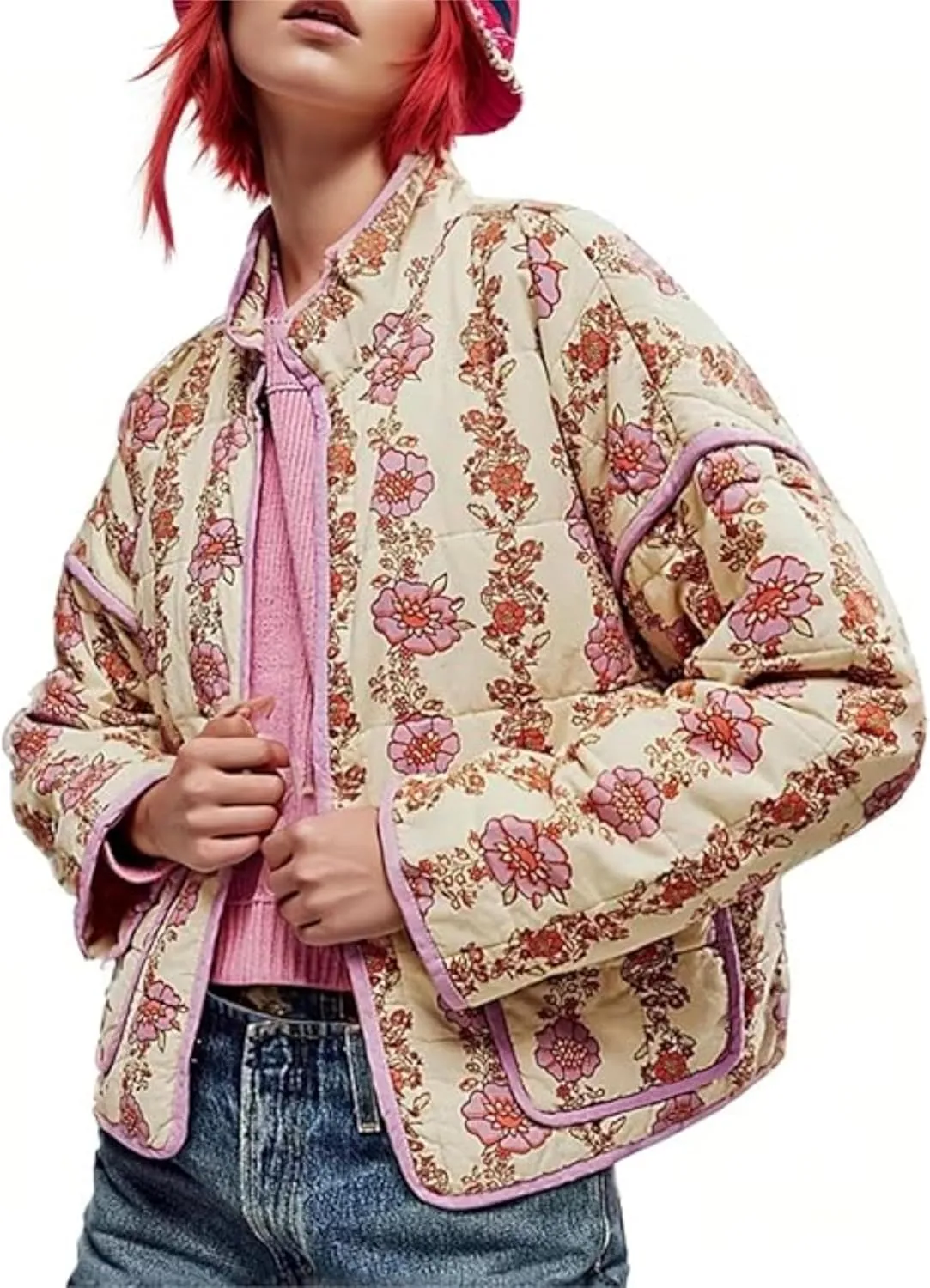 Quilted Jacket for Women Cropped Lightweight Cardigan Floral Print Quilted Puffy Jackets Long Sleeve with Pocket