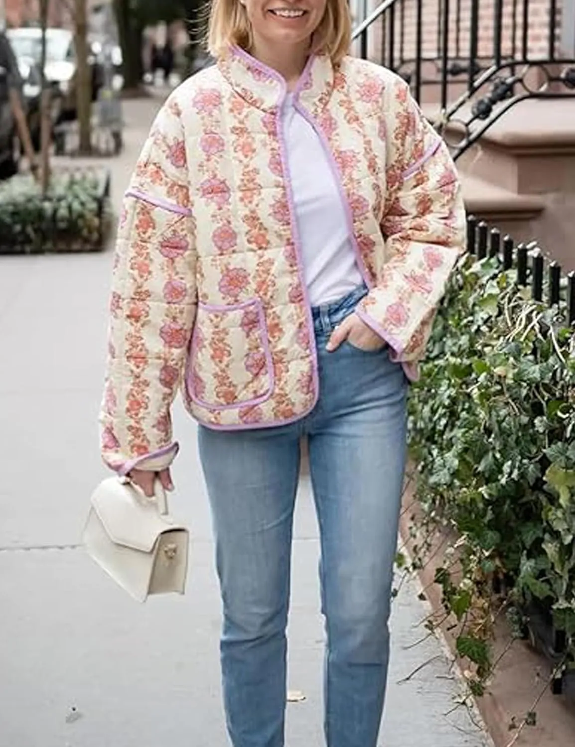 Quilted Jacket for Women Cropped Lightweight Cardigan Floral Print Quilted Puffy Jackets Long Sleeve with Pocket