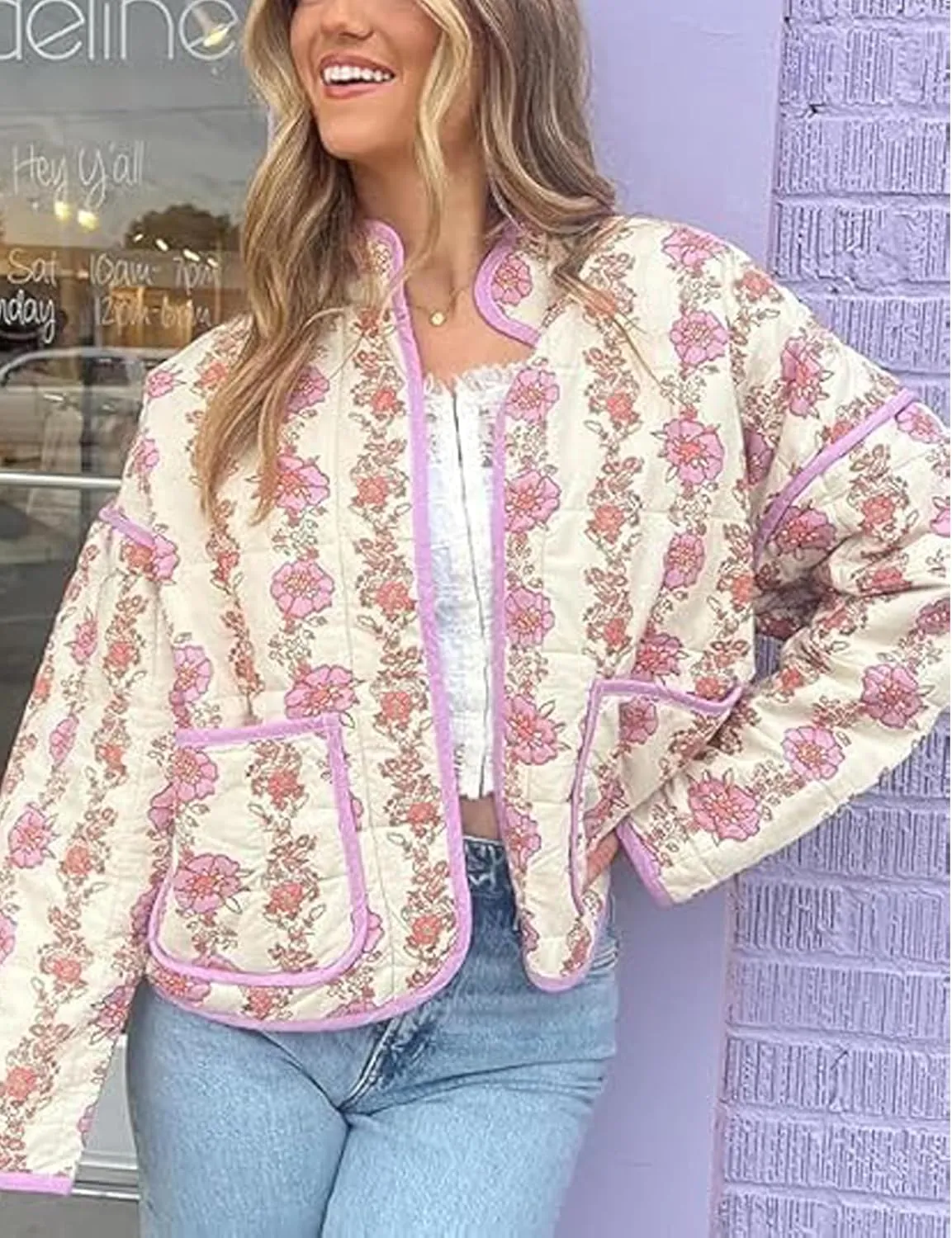 Quilted Jacket for Women Cropped Lightweight Cardigan Floral Print Quilted Puffy Jackets Long Sleeve with Pocket
