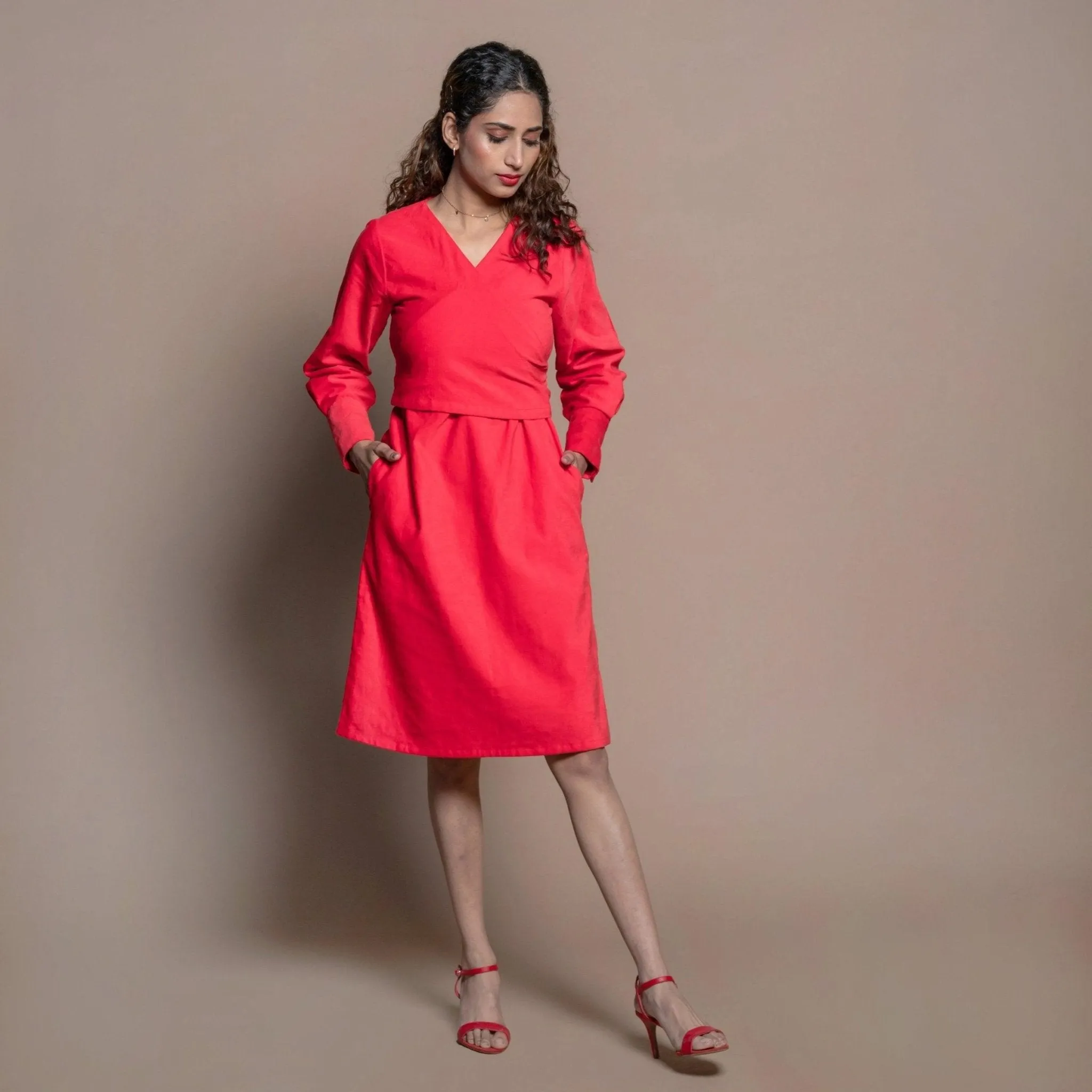 Red 100% Cotton Velvet Knee Length Wrap Dress
