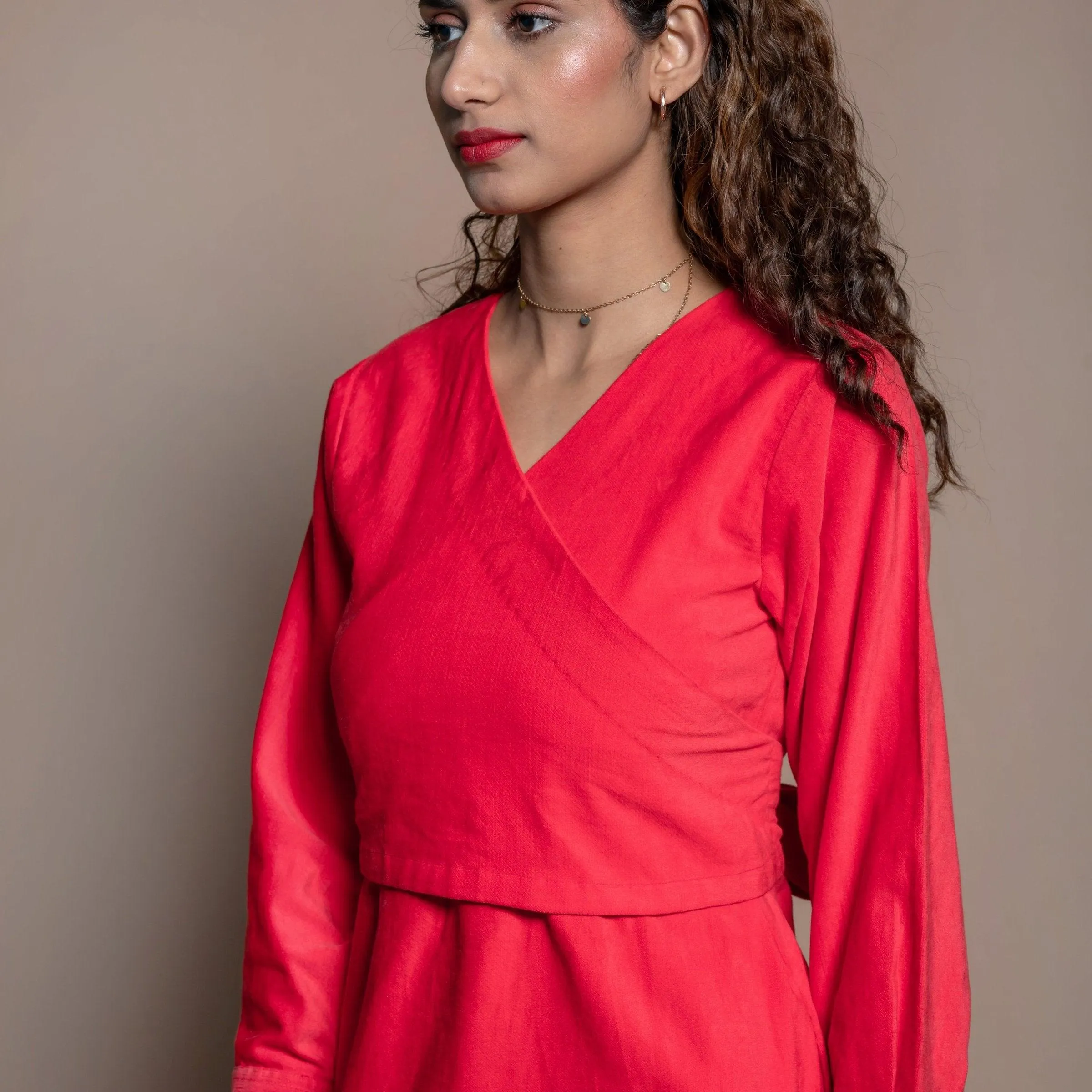 Red 100% Cotton Velvet Knee Length Wrap Dress