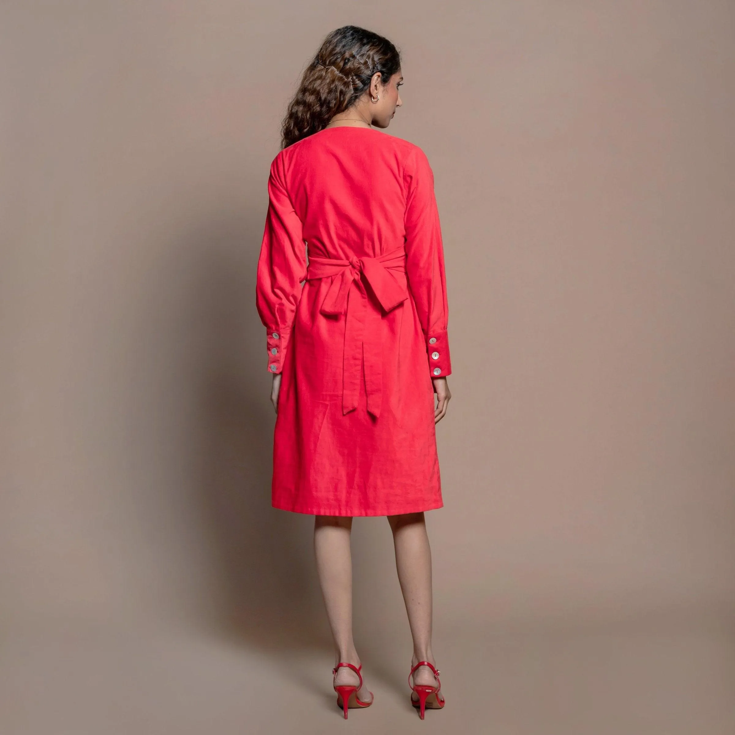 Red 100% Cotton Velvet Knee Length Wrap Dress