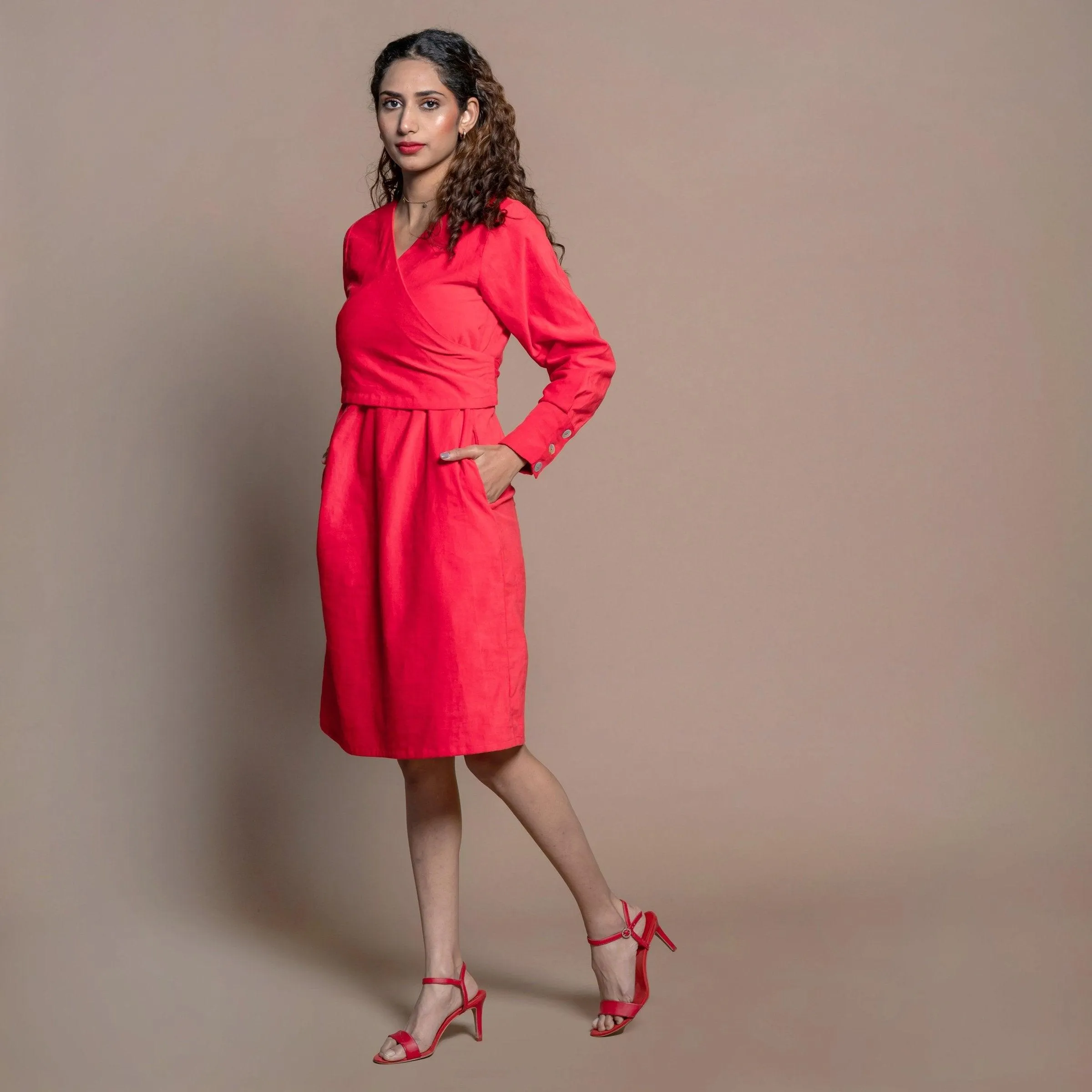 Red 100% Cotton Velvet Knee Length Wrap Dress