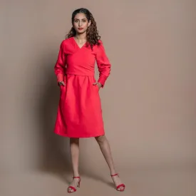 Red 100% Cotton Velvet Knee Length Wrap Dress