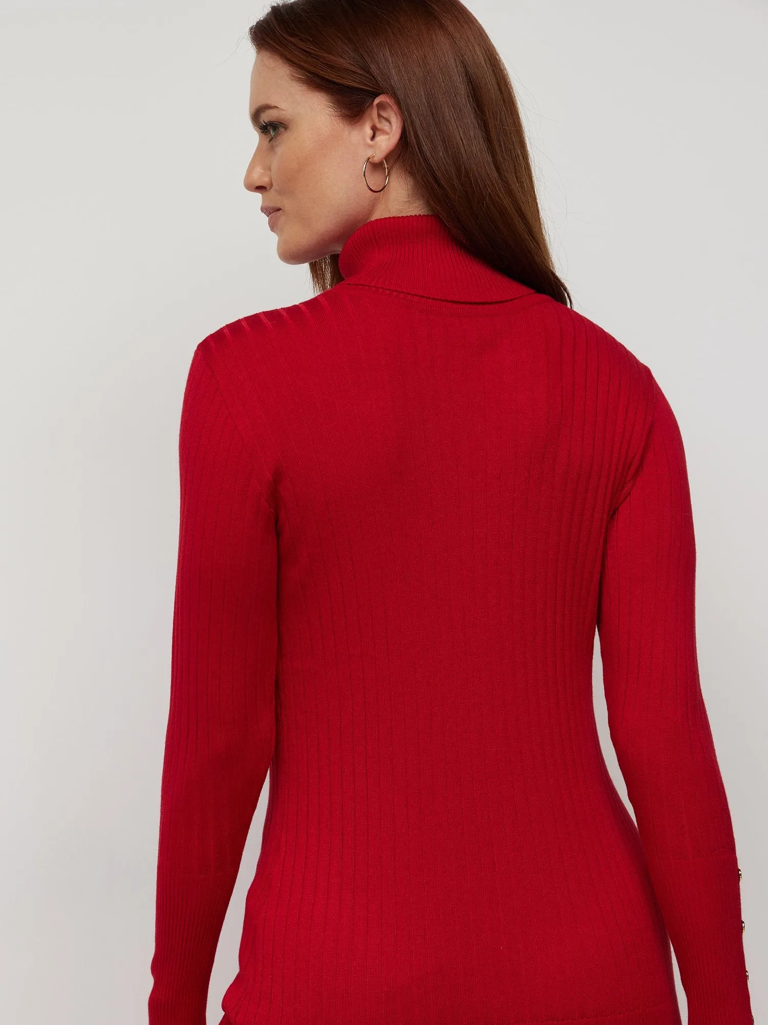 Ribbed Button-Sleeve Turtleneck Sweater