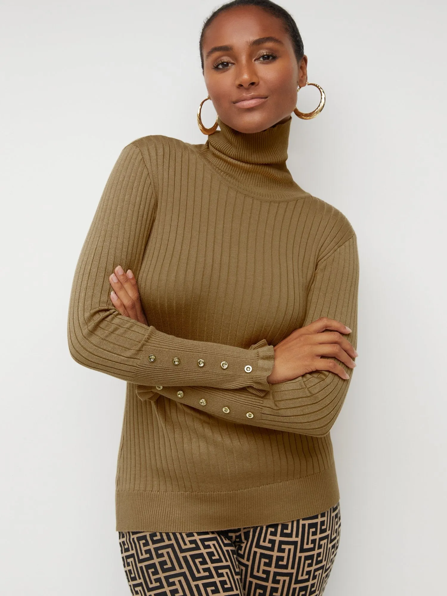 Ribbed Button-Sleeve Turtleneck Sweater