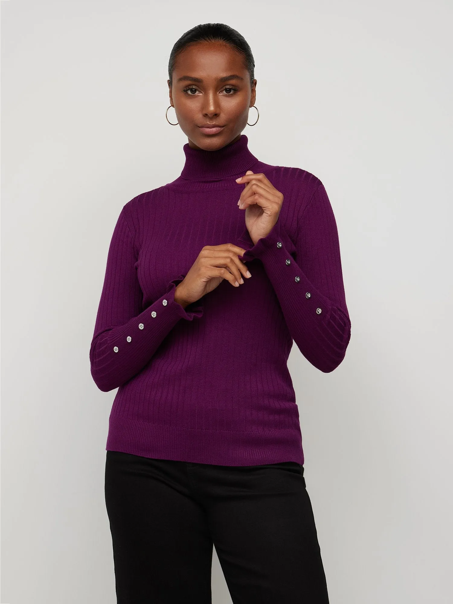 Ribbed Button-Sleeve Turtleneck Sweater