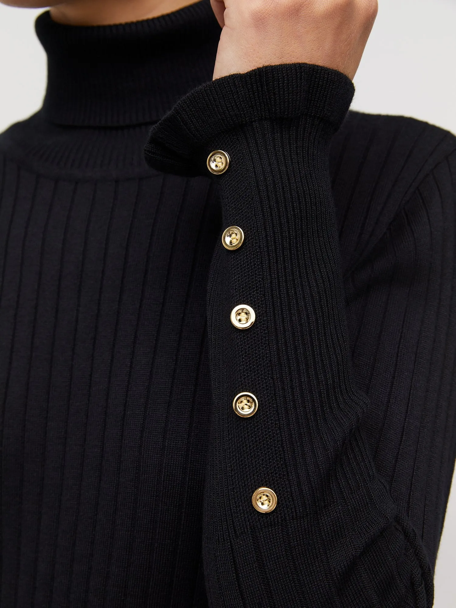 Ribbed Button-Sleeve Turtleneck Sweater